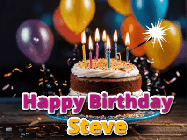 Happy Birthday Steve GIF: A birthday cake with flickering candles gif with text reading Happy Birthday and a Name slot to customize