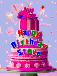 Happy Birthday Steve GIF: A big beautiful birthday cake gif with falling confetti, sparklers, and balloons, reads Happy Birthday Name. Customize it.