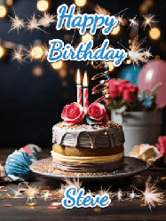 Happy Birthday Steve GIF: Sparkles and glitter happy birthday gif with a cake and flickering candles and sparklers behind the words happy birthday customize