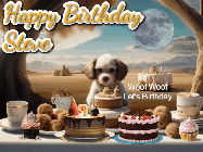Happy Birthday Steve GIF: Animated birthday gif with a dog at a fancy birthday table loaded with cakes as hearts appear. It reads Happy Birthday Customize.