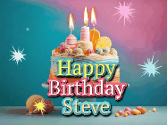 Happy Birthday Steve GIF: A colorful animated Happy Birthday Cake GIF with swirling sparkles and flickering candles. It reads Happy Birthday Name
