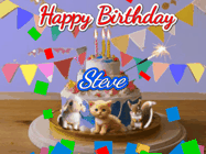 Happy Birthday Steve GIF: Happy Birthday Cake GIF with a cat, lamb, and squirrel on the cake with flickering candles, a sparkler, and falling confetti. Reads Happy Birthday Name and you can customize the name