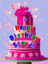 Happy Birthday Steven GIF: A big beautiful birthday cake gif with falling confetti, sparklers, and balloons, reads Happy Birthday Name. Customize it.