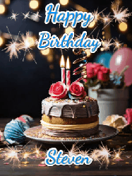 Happy Birthday Steven GIF: Sparkles and glitter happy birthday gif with a cake and flickering candles and sparklers behind the words happy birthday customize