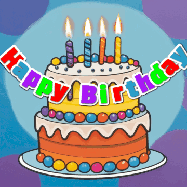 Happy Birthday Sue GIF: Festive birthday cake GIF with name, stars, hearts, and confetti streaking past and flickering candles.