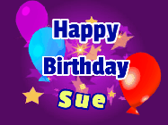 Happy Birthday Sue GIF: A lovely purple birthday gif animated with moving text, a balloon, and bubbles. Customize it.