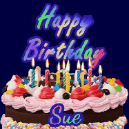 Happy Birthday Sue GIF: A dark blue birthday gif with a beautiful cake with flickering candles, background sparkles and a name to customize.