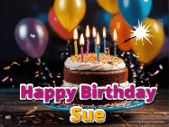 Happy Birthday Sue GIF: A birthday cake with flickering candles gif with text reading Happy Birthday and a Name slot to customize