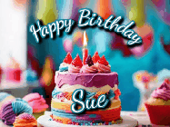 Happy Birthday Sue GIF: Animated Happy Birthday Gif reading Happy Birthday Customize. Depicts a colorful birthday with flickering candles and glitter.