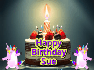 Happy Birthday Sue GIF: An animated gif with 2 unicorns and a birthday candle on a cake.