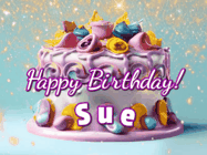 Happy Birthday Sue GIF: A beautiful birthday cake gif with animated sparkles and glitter Happy Birthday Name you can customize