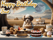 Happy Birthday Sue GIF: Animated birthday gif with a dog at a fancy birthday table loaded with cakes as hearts appear. It reads Happy Birthday Customize.