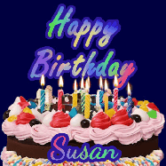 Happy Birthday Susan GIF: A dark blue birthday gif with a beautiful cake with flickering candles, background sparkles and a name to customize.