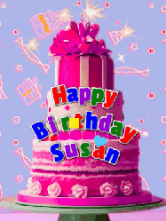 Happy Birthday Susan GIF: A big beautiful birthday cake gif with falling confetti, sparklers, and balloons, reads Happy Birthday Name. Customize it.