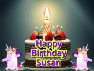 Happy Birthday Susan GIF: An animated gif with 2 unicorns and a birthday candle on a cake.