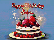 Happy Birthday Susan GIF: Animated GIF of a birthday cake covered in berries with 2 sparklers and a candle, reads Happy Birthday Name. Customize it.