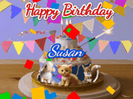 Happy Birthday Susan GIF: Happy Birthday Cake GIF with a cat, lamb, and squirrel on the cake with flickering candles, a sparkler, and falling confetti. Reads Happy Birthday Name and you can customize the name