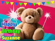 Happy Birthday Suzanne GIF: A cute birthday teddy bear animated birthday gif with the bear holding sparklers and text to customize.