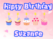 Happy Birthday Suzanne GIF: Pink animated birthday gif with 5 cupcakes and candles and animated text you can customize with name.