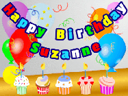 Happy Birthday Suzanne GIF: Animated happy birthday gif with a party balloon background, a row of cupcakes, and birthday banner to customize.