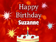 Happy Birthday Suzanne GIF: A bright red happy birthday gif animated with a cake candle, and glitter and sparkles. Customize with name.