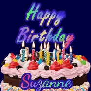 Happy Birthday Suzanne GIF: A dark blue birthday gif with a beautiful cake with flickering candles, background sparkles and a name to customize.