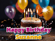 Happy Birthday Suzanne GIF: A birthday cake with flickering candles gif with text reading Happy Birthday and a Name slot to customize