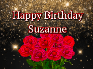 Happy Birthday Suzanne GIF: A beautiful birthday gif with a bouquet of flowers and animated hearts on a black and glitter background.