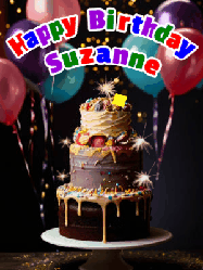 Happy Birthday Suzanne GIF: Beautiful birthday cake animated gif, a celebration of balloons, confetti, and sparklers. Customize banner and name.