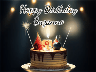 Happy Birthday Suzanne GIF: Animated birthday cake gif with sparklers on a dark background. Personalize up to 3 lines of text.