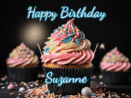 Happy Birthday Suzanne GIF: A delicious cupcake gif with animated sparkles reading Happy Birthday with a name to customize