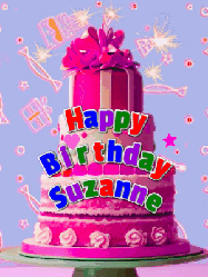 Happy Birthday Suzanne GIF: A big beautiful birthday cake gif with falling confetti, sparklers, and balloons, reads Happy Birthday Name. Customize it.