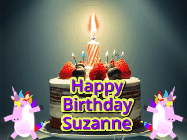 Happy Birthday Suzanne GIF: An animated gif with 2 unicorns and a birthday candle on a cake.