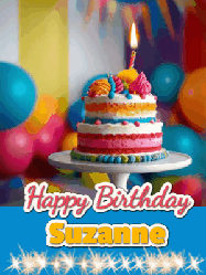 Happy Birthday Suzanne GIF: A birthday card gif with a cake and candle and a blue ribbon with animated sparklers. Reads Happy Birthday Name