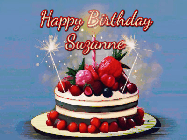 Happy Birthday Suzanne GIF: Animated GIF of a birthday cake covered in berries with 2 sparklers and a candle, reads Happy Birthday Name. Customize it.