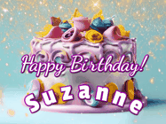 Happy Birthday Suzanne GIF: A beautiful birthday cake gif with animated sparkles and glitter Happy Birthday Name you can customize