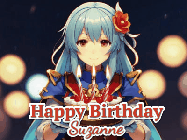 Happy Birthday Suzanne GIF: Anime girl holding a birthday cake and an animated sword falls into it. Text reads Happy Birthday Customize