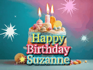 Happy Birthday Suzanne GIF: A colorful animated Happy Birthday Cake GIF with swirling sparkles and flickering candles. It reads Happy Birthday Name