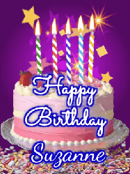 Happy Birthday Suzanne GIF: Happy birthday animated gif of a brightly lit birthday cake, birthday candles, and falling confetti. Customize name.