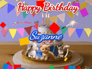 Happy Birthday Suzanne GIF: Happy Birthday Cake GIF with a cat, lamb, and squirrel on the cake with flickering candles, a sparkler, and falling confetti. Reads Happy Birthday Name and you can customize the name