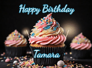 Happy Birthday Tamara GIF: A delicious cupcake gif with animated sparkles reading Happy Birthday with a name to customize