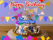 Happy Birthday Tamara GIF: Happy Birthday Cake GIF with a cat, lamb, and squirrel on the cake with flickering candles, a sparkler, and falling confetti. Reads Happy Birthday Name and you can customize the name