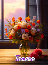 Happy Birthday Tamara GIF: A vase of flowers and animated hearts pop in and out as the words Happy Birthday Name appears that you can customize