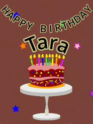 Happy Birthday Tara GIF: Animated birthday gif of a chocolate cartoon cake and stars. Animated text can be customized with name.