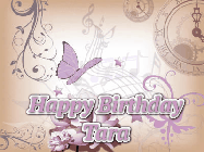 Happy Birthday Tara GIF: Classical birthday gif background with colorful musical notes floating past and a name you can customize, reads Happy Birthday.