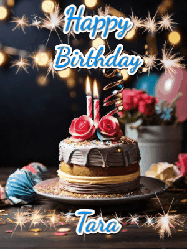 Happy Birthday Tara GIF: Sparkles and glitter happy birthday gif with a cake and flickering candles and sparklers behind the words happy birthday customize