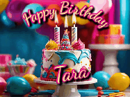 Happy Birthday Tara GIF: Animated birthday gif with a beautiful colorful birthday can and sparkles in the air. It reads Happy Birthday Customize.