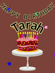 Happy Birthday Tarah GIF: Animated birthday gif of a chocolate cartoon cake and stars. Animated text can be customized with name.