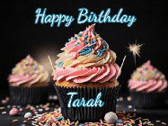 Happy Birthday Tarah GIF: A delicious cupcake gif with animated sparkles reading Happy Birthday with a name to customize