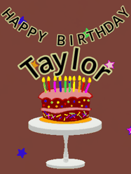 Happy Birthday Taylor GIF: Animated birthday gif of a chocolate cartoon cake and stars. Animated text can be customized with name.